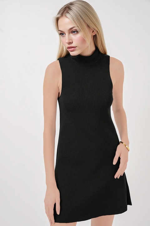 Плетена мини рокля с рипсена плетка, висока яка, Черна, плетена, HiCCUP, S-M INTL