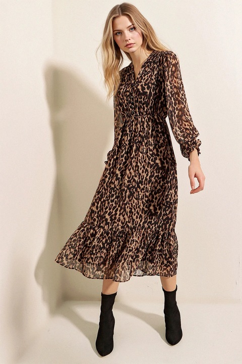 Миди рокля HiCCUP, с V-образно деколте, закопчаване с копчета, кафява, полиестер, Многоцветен, S