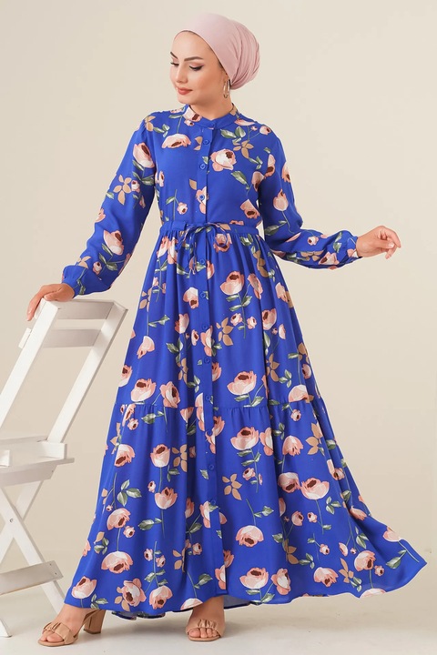 Rochie maxi dama Big Dart, viscoza, model floral, Albastru cerulean, Albastru