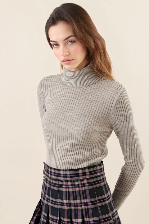 Дамски пуловер, HiCCUP, текстуриран, с висока яка, сив, плетен