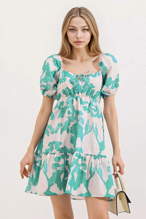 Rochie mini dama, HiCCUP, forma A, decolteu patrat, bumbac/poliester, verde/alb