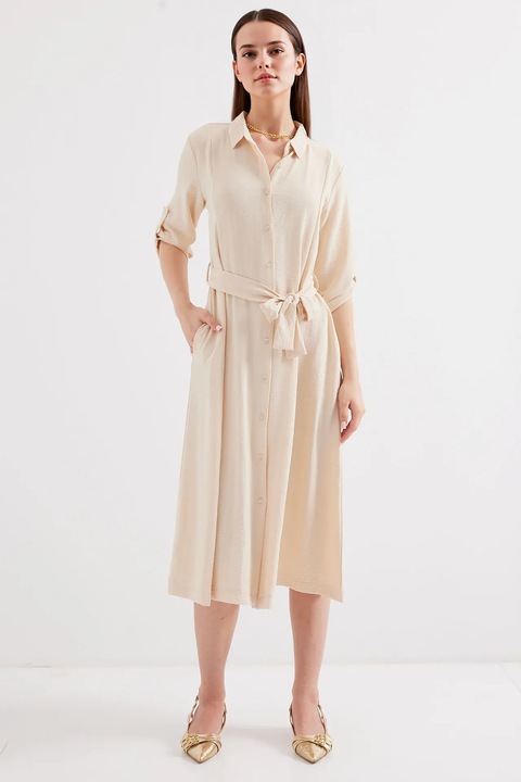 Дамска миди рокля HiCCUP, полиестер/ликра, с яка тип риза и връзки, бежова