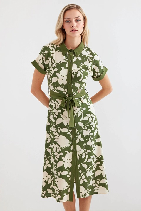 Дамска миди рокля HiCCUP, флорален принт, вискоза, зелено/кремаво