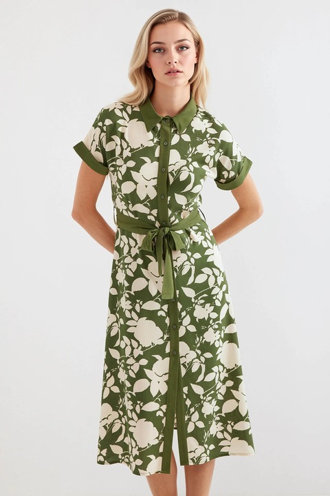 Rochie midi dama HiCCUP, imprimeu floral, viscoza, verde/crem