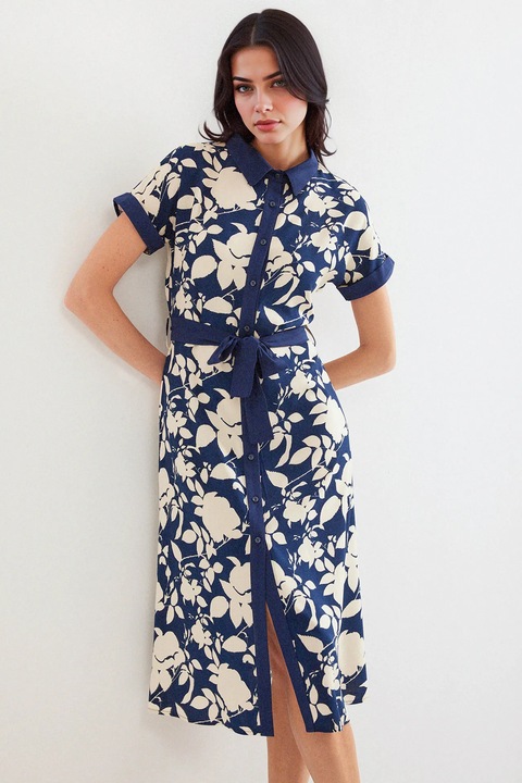 Дамска рокля HiCCUP, Миди, флорален принт, вискоза, Морскосин