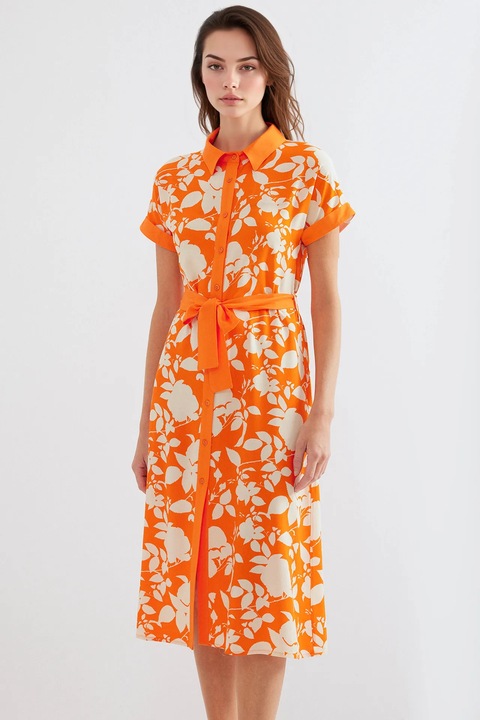 Дамска миди рокля HiCCUP, флорален принт, вискоза, оранжево/кремаво