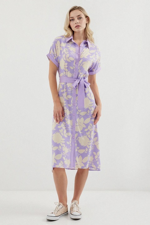 Дамска миди рокля HiCCUP, флорален принт, вискоза, лилаво/кремаво