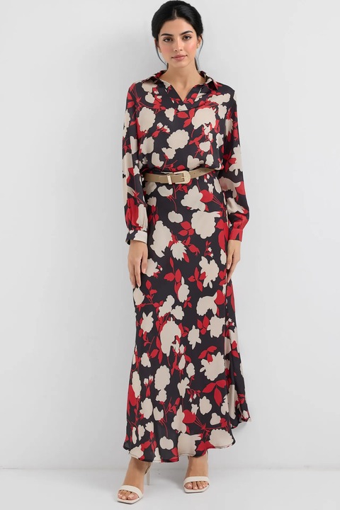 Set doua piese, maneca lunga, imprimeu floral, Bej Natural