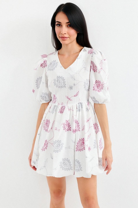 Мини рокля HiCCUP с флорална бродерия, V-образно деколте, смес от памук-полиестер-найлон