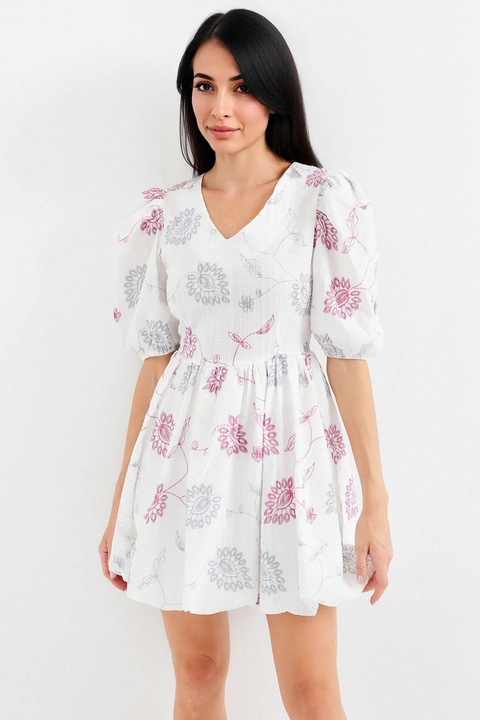 Rochie mini HiCCUP cu broderie florala, decolteu in V, amestec bumbac-poliester-nailon