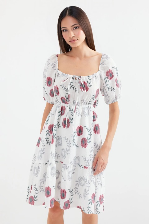 Rochie mini, HiCCUP, imprimeu floral, guler patrat, bej, poliester-bumbac