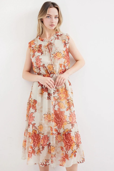 Дамска миди рокля Big Dart, флорален принт, полиестер, Тъмночервен