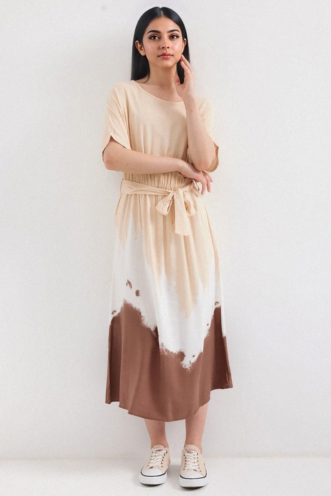 Миди рокля HiCCUP с градиентен принт, панделка, бежова, вискоза