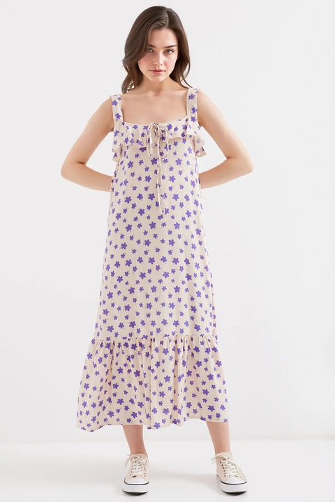 Maxi ruha HiCCUP, négyzet alakú nyakkivágás, fodros részletek, lila, viszkóz