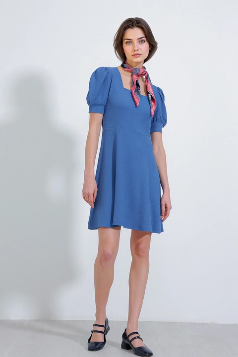 Rochie mini tricotata, HiCCUP, guler patrat, albastru, poliester