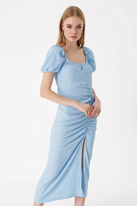 Дамска плетена миди рокля HiCCUP, квадратно деколте, полиестер/ликра, синя