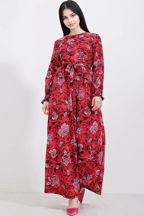 Rochie maxi tricotata dama HiCCUP, floral, poliester/lycra, rosu