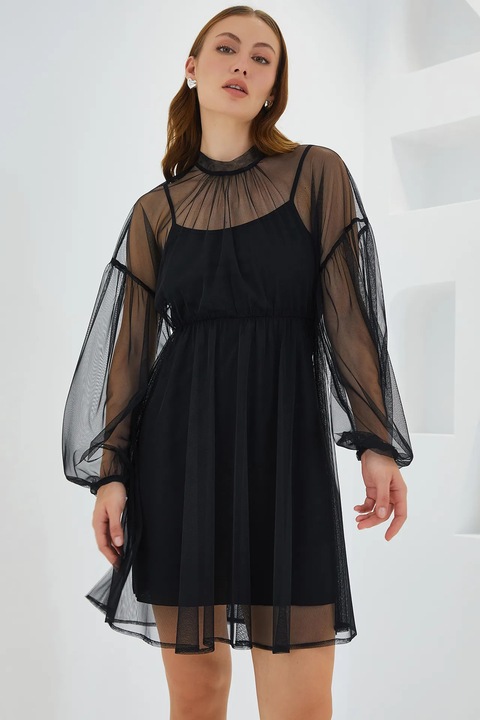 Rochie mini, HiCCUP, din tul, guler rotund, neagra, poliester