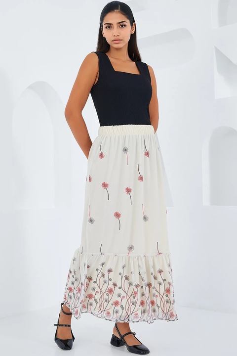 Fusta maxi, HiCCUP, imprimeu floral, bej, poliester