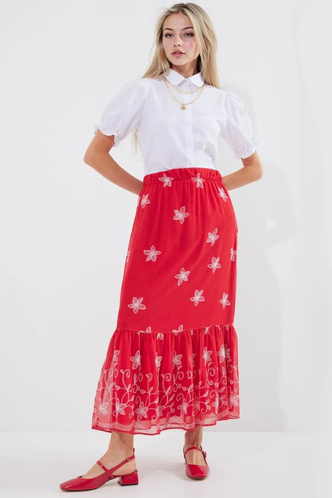 Fusta maxi, HiCCUP, imprimeu, rosu, poliester