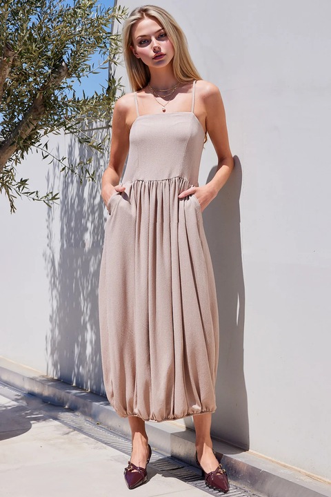 Плетена макси рокля HiCCUP, текстурирана, квадратно деколте, бежова, полиестер