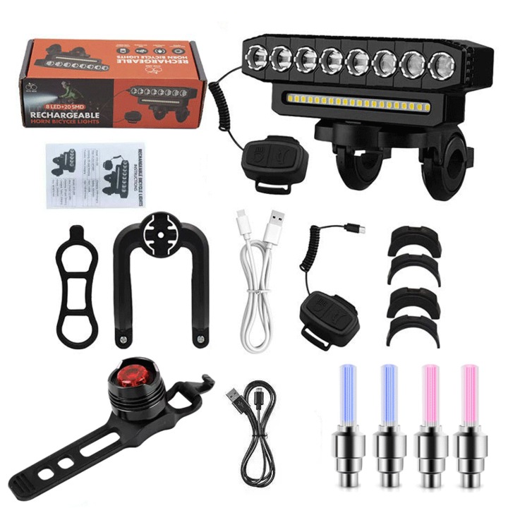 Lampa Bicicleta Multifunctionala, KuviKoo, 4000mAh, IP44, 6 Moduri, 8LED+20SMD, 130dB Claxon, 138x40x51mm