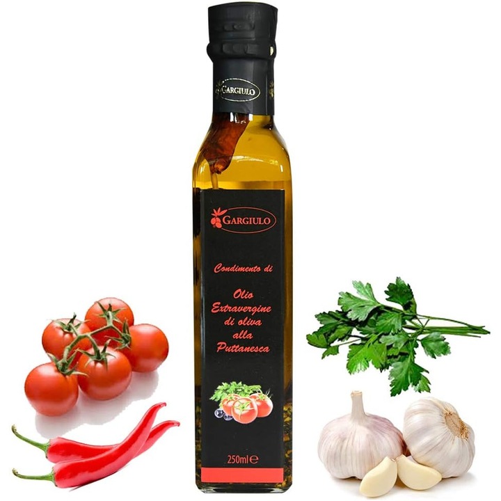 Ulei de masline extravirgin infuzat cu ardei iute, masline negre, rosii, patrunjel si usturoi (Puttanesca), 250ml, Italia