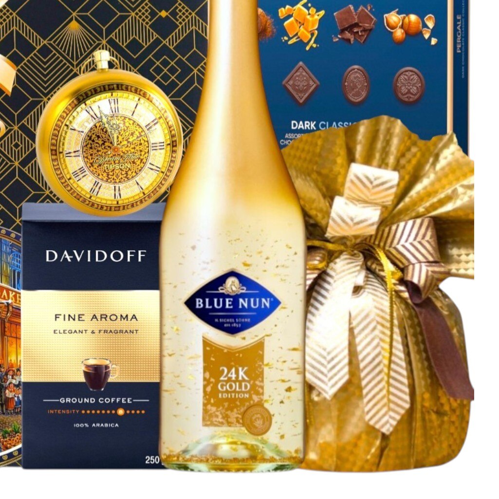 Set cadou Blue & Gold Prestige cu vin spumant Blue Nun cu aur 24K