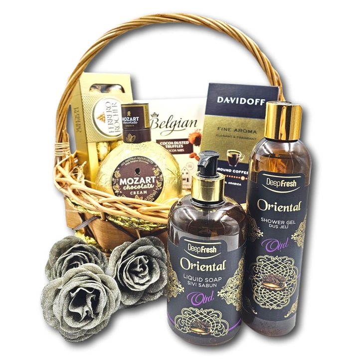 Cos cadou special, CADOURI PREMIUM®, model Oriental Shade, cu articole cosmetice Oriental Oud, lichior Mozart, cafea Davidoff si specialitati de ciocolata, ideal pentru doamne