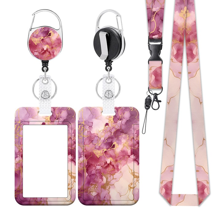 Suport ecuson TREXORA, model marmura roz, design retractabil, lanyard ajustabil 1m, dimensiuni 4.3x2.7 inch