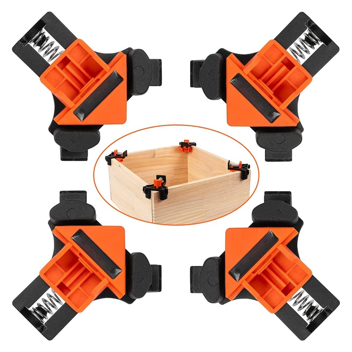 Set 4 cleme de colt TREXORA, pentru lemn, fixare unghiuri 45° si 90°, portocalie si neagra, dimensiuni 80x85x56mm
