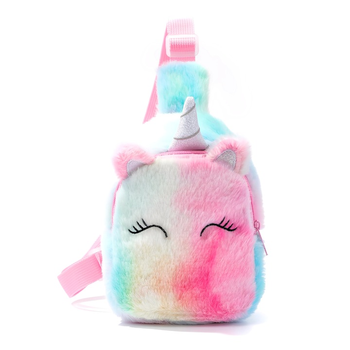 Детска раница, TREXORA, форма на еднорог, регулируеми презрамки, 33x14x10см, полиестер, плюш, многоцветна