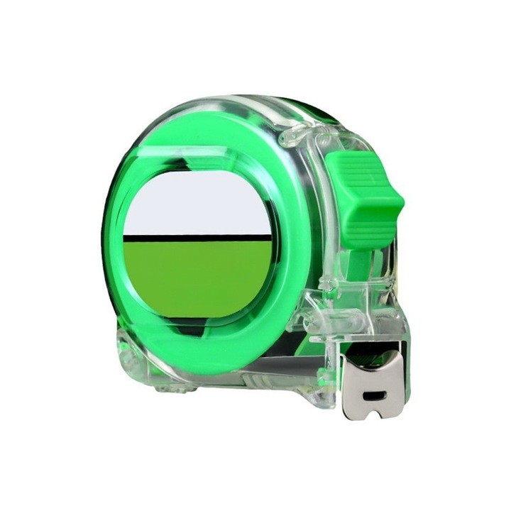 Acél mérőszalag átlátszó tokkal, 5m x 19mm, kopásálló, fém csiptetővel