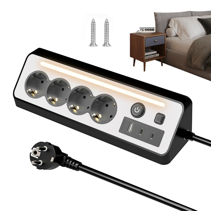 Разклонители, Buyya®, 3680W/16A, 220V-250V, с LED, защита за деца, Нощна лампа, 4 контакта, 1 USB-A, 2 USB-C, 1.5м, черен, със защита от пренапрежение, многофункционален щепсел за кухня и офис