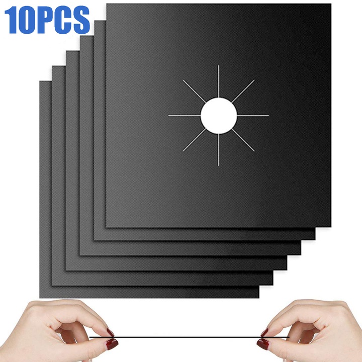 Set 10 protectii pentru aragaz, TREXORA, rezistent la caldura, reutilizabile, 27x27 cm, negru