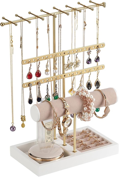 Suport bijuterii, Suport pentru Coliere, Raft tip Turn cu 4 Niveluri si Tavita pentru Cercei, 8 Carlige pentru Agatarea Colierelor, Suport Mic pentru Depozitarea si Expunerea Bijuteriilor precum Bratari, Inele, Ceasuri – aur