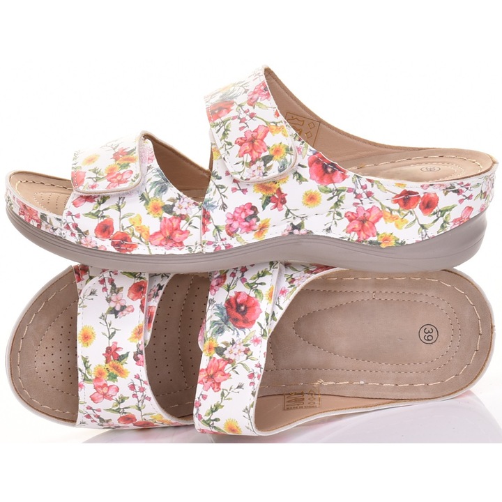 Slapi Martinus cu platforma, piele ecologica, alb cu flori colorate, foarte usori, 37 EU