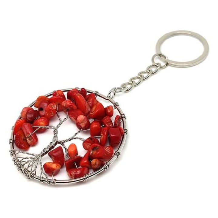 Breloc din sarma cu model Arborele Vietii, rosu coral, 5 cm