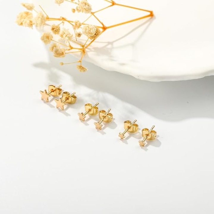 Set 3 perechi de cercei dama din aliaj, placati cu aur de 14K, design modern, hipoalergenici, 12mm