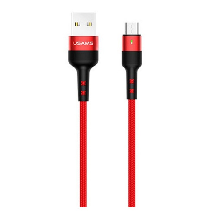 Usams u26 adatkábel, usb - microusb, 2a, gyorstöltő, 100cm, törésgátló, led jelzés, piros