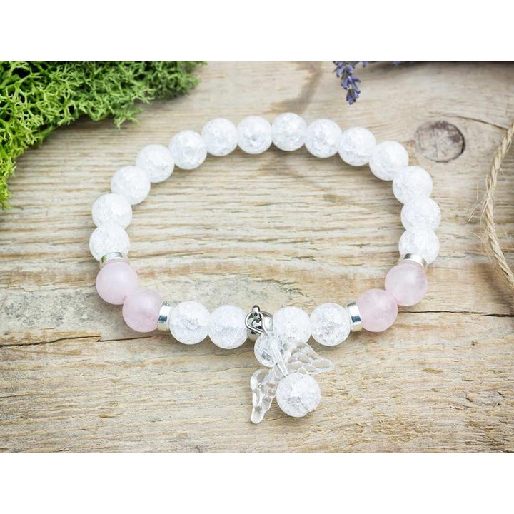 Angyali Amor rózsakvarc és hegyikristály ásvány karkötő
