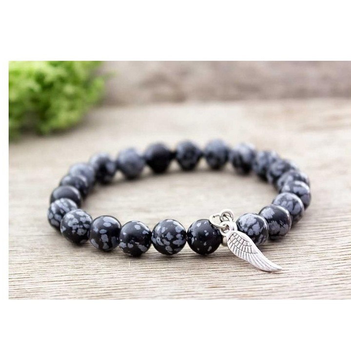 Hópehely-obszidián ásvány karkötő angyalszárnnyal