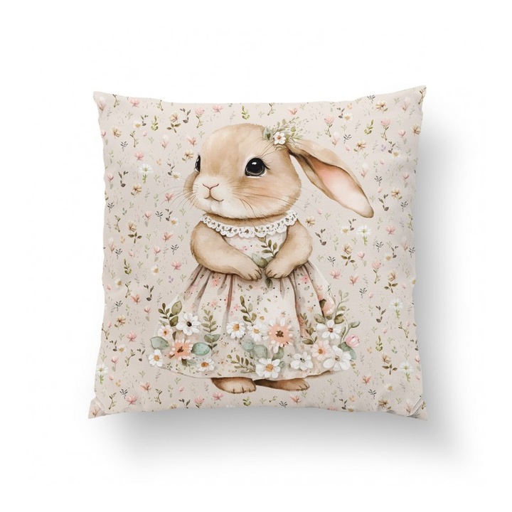 Material textil, Panou de bumbac 38x38 cm Iepurasi Fata intr-o rochie, bumbac 100%