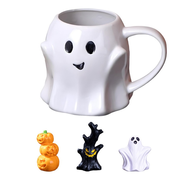 Cana Halloween Fantoma cu 3 Ornamente din Rasina, Kaxyrooz, Ceramica + Rasina, 400ml, Alb