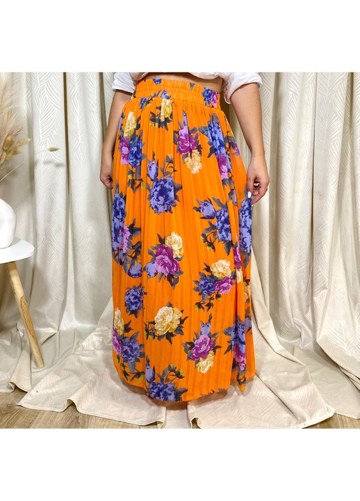 Fusta Plisata, Vaporoasa, Imprimeu Floral, Portocaliu