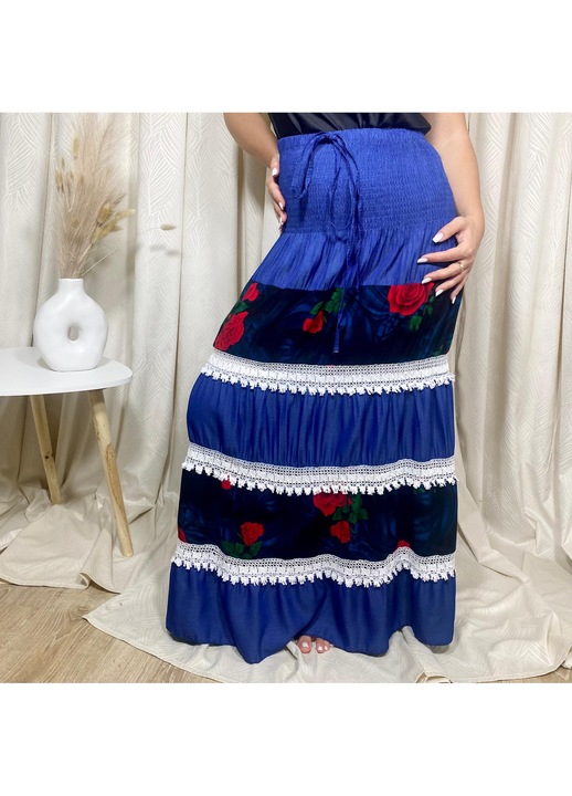 Fusta Vaporoasa, Insertii Dantela, Imprimeu Trandafiri, Rosu/Negru