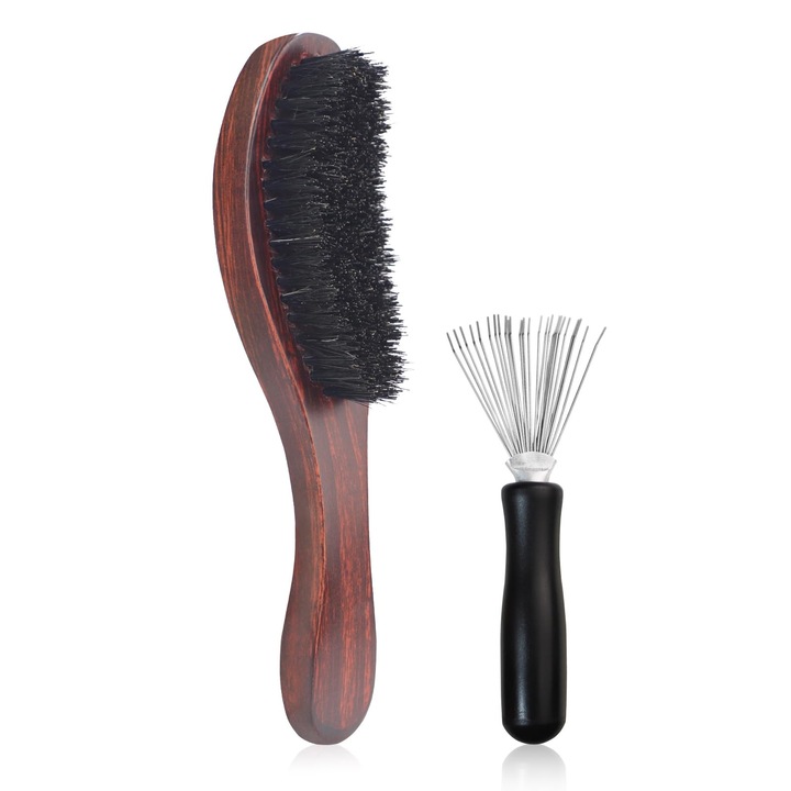 DUAIU 2 az 1-ben vaddisznósörtés kefe - Professzionális készlet férfiaknak és nőknek, fa tisztítókefével, ideális hajhoz és szakállhoz, csökkenti a gubancolódást, barna/fekete