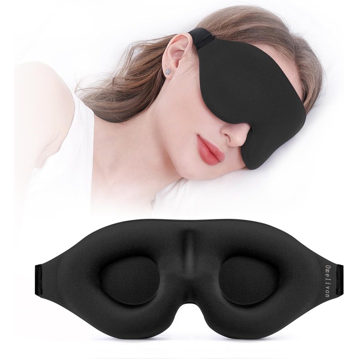 Masca pentru somn, decupata 3D pentu imbunatatirea odihnei, cu protectie pentru nas, reglabila, material de calitate superioara, marime universala, Unisex, Neagra, Omelivon