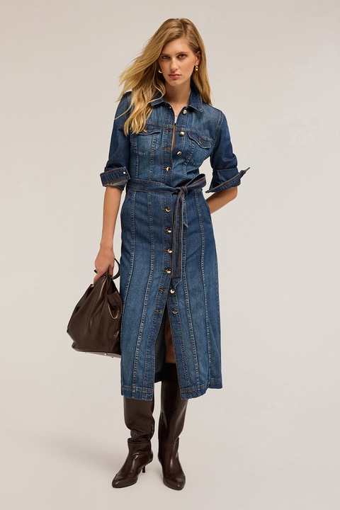 MOTIVI, Rochie-camasa din denim de amestec de lyocell cu buzunare laterale, Albastru melange