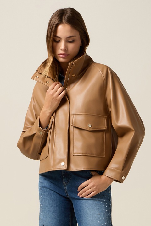 OLTRE, Jacheta lejera de piele ecologica cu buzunare, Maro camel, XL